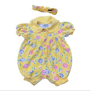 Vintage Yellow Floral Specialty Kids Bubble Romper & Matching Headband 3/6 mnths
